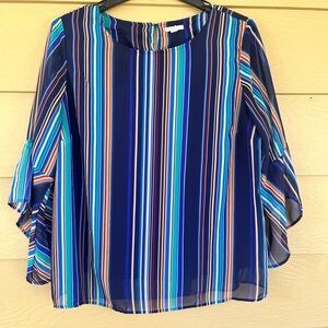 Striped Navy Multi-Color Flutter Sleeve Blouse